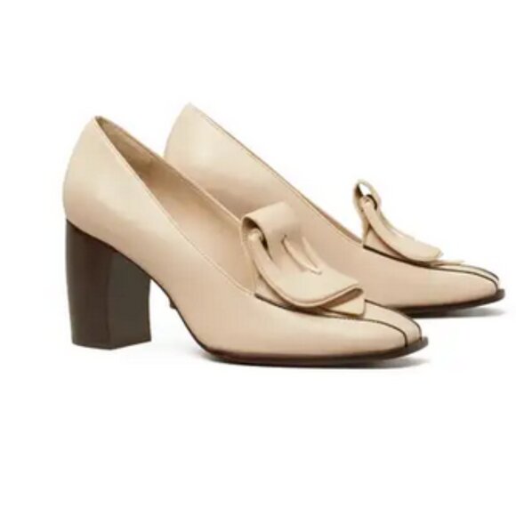 Tory Burch Banana Heel Buckle Loafer, Cream with Brown Piping - 10 NWOT - Picture 1 of 5